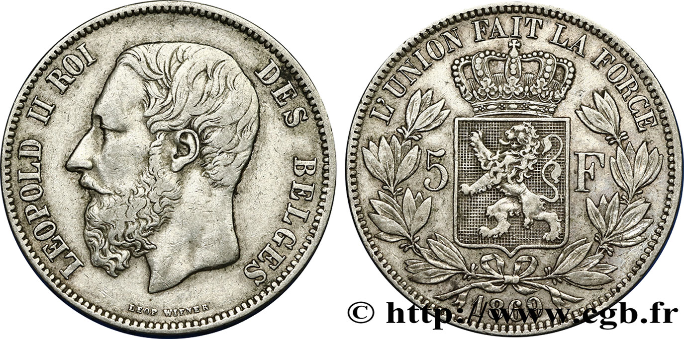 BELGIQUE 5 Francs Léopold II 1869  TB+/TTB 