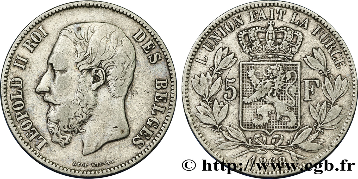 BELGIO 5 Francs Léopold II  1868  q.BB 