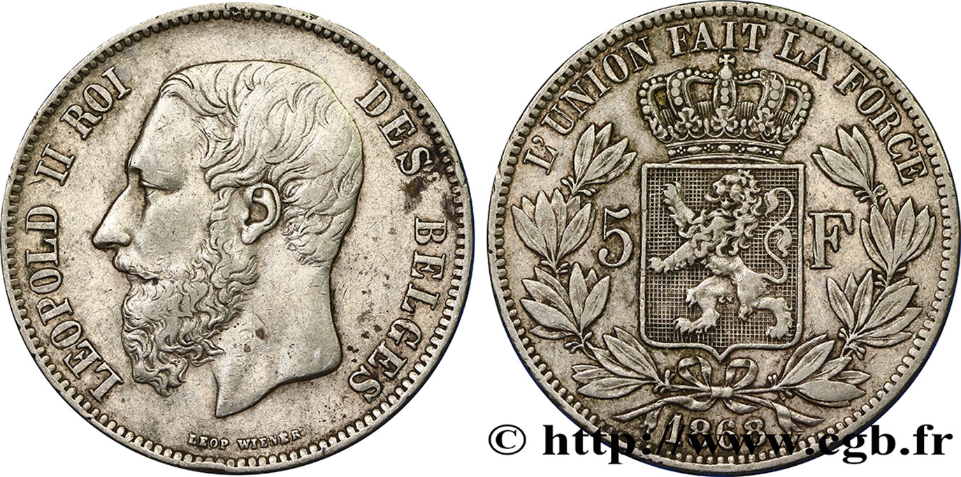 BELGIEN 5 Francs Léopold II  1868  fSS 