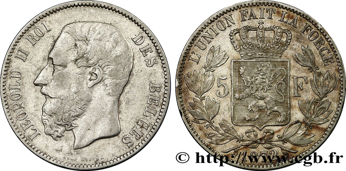 BELGIQUE 5 Francs Léopold II 1872  TB+/TTB 