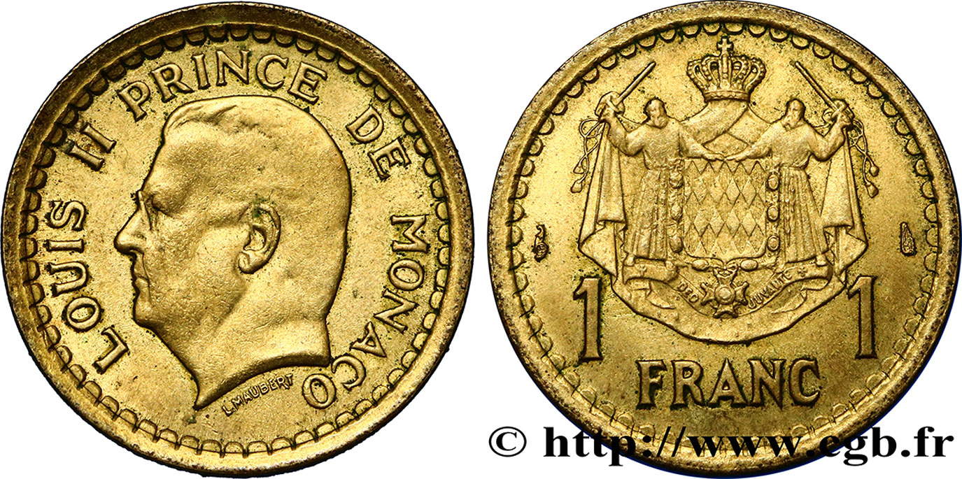 MONACO 1 Franc Louis II / armes (1943) Paris AU 