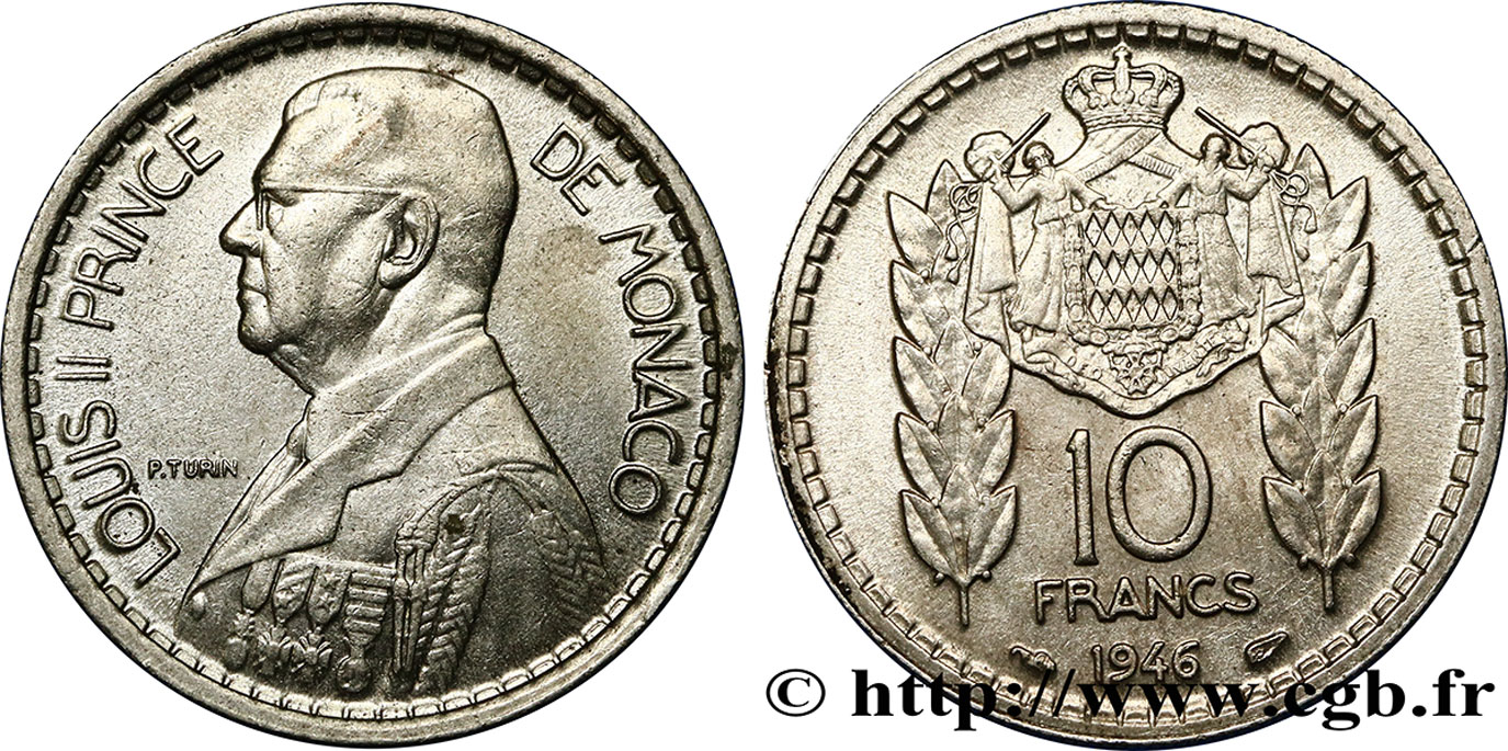 MONACO 10 Francs Louis II 1946 Paris MBC+ 