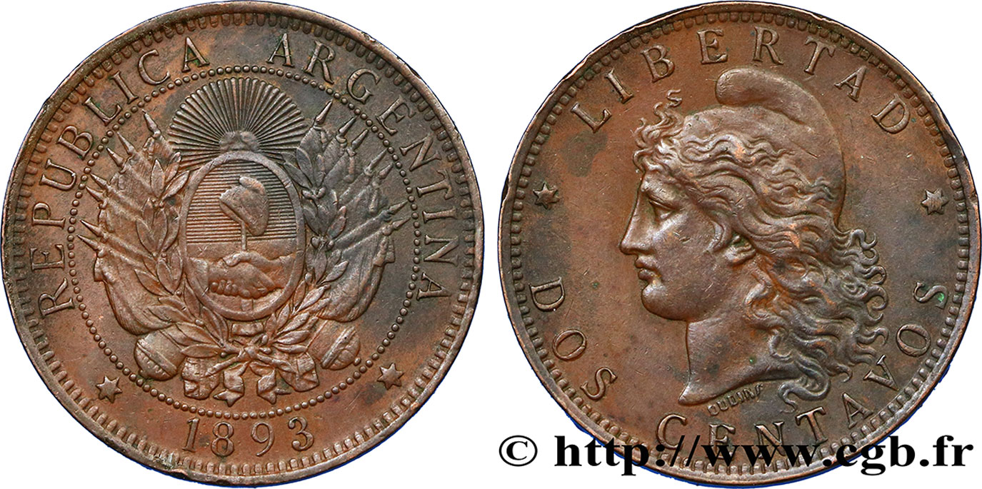ARGENTINA 2 Centavos emblème / “Liberté” 1893  AU 