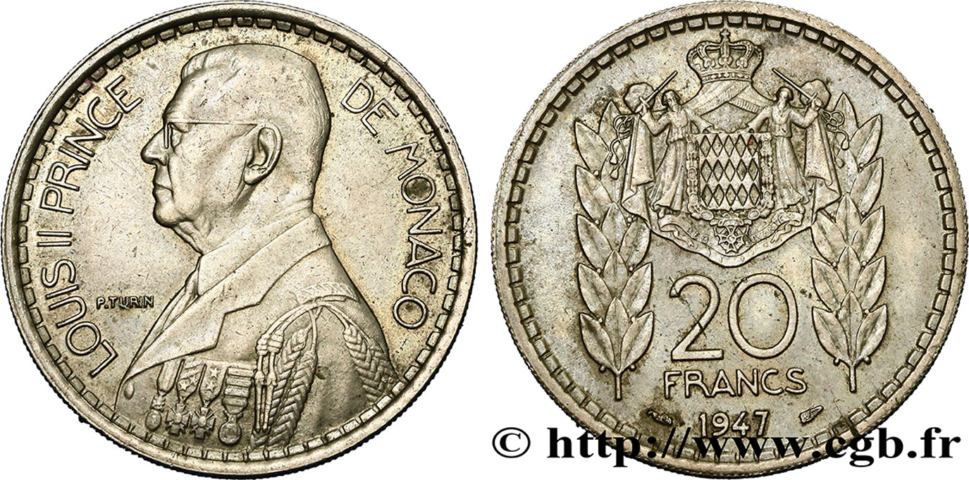 MONACO 20 Francs prince Louis II / armes 1947 Paris VZ 