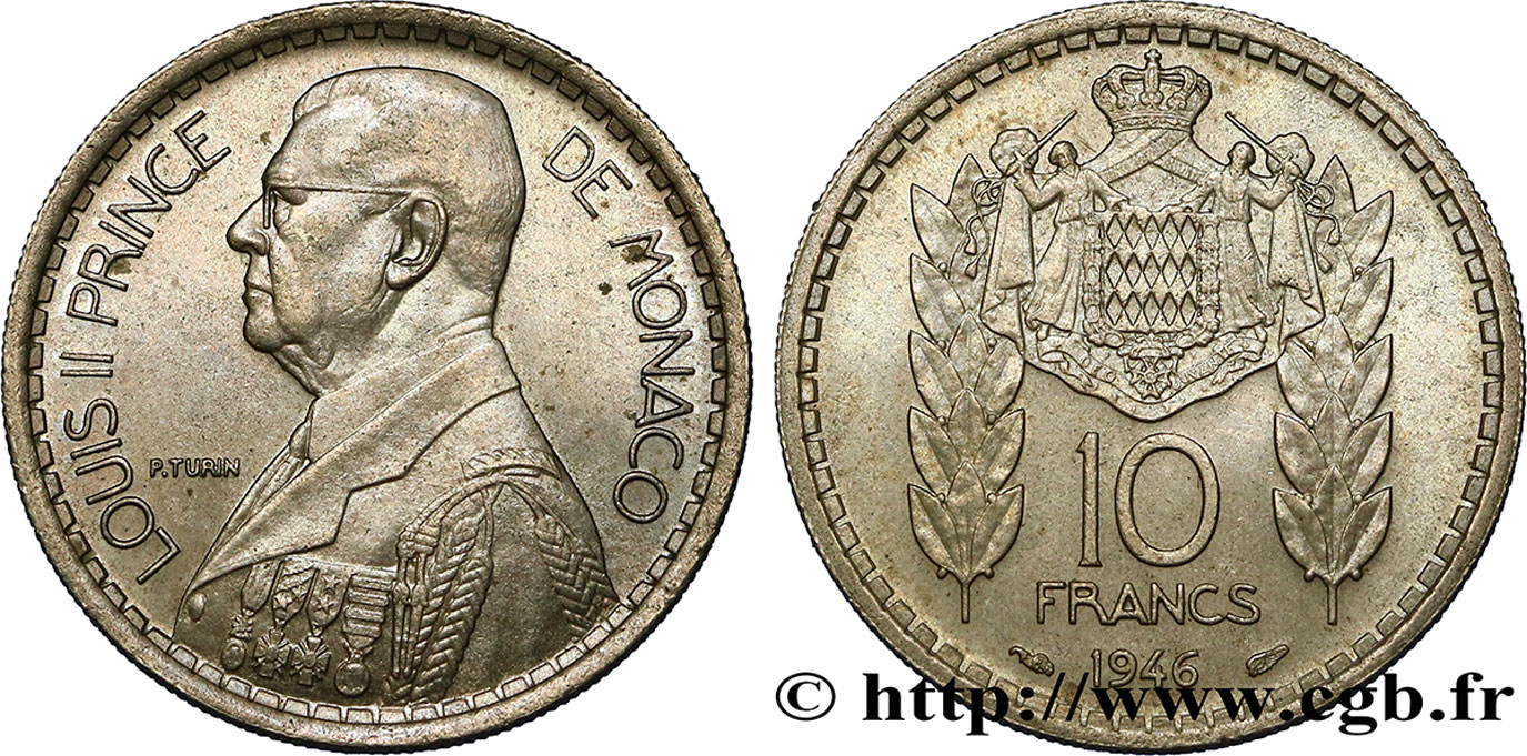 MONACO 10 Francs Louis II 1946 Paris EBC 