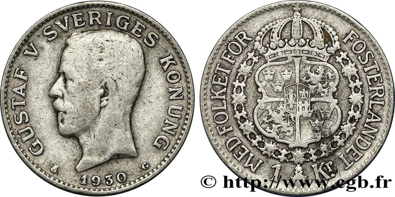 SUECIA 1 Krona Gustave V 1930  BC+ 