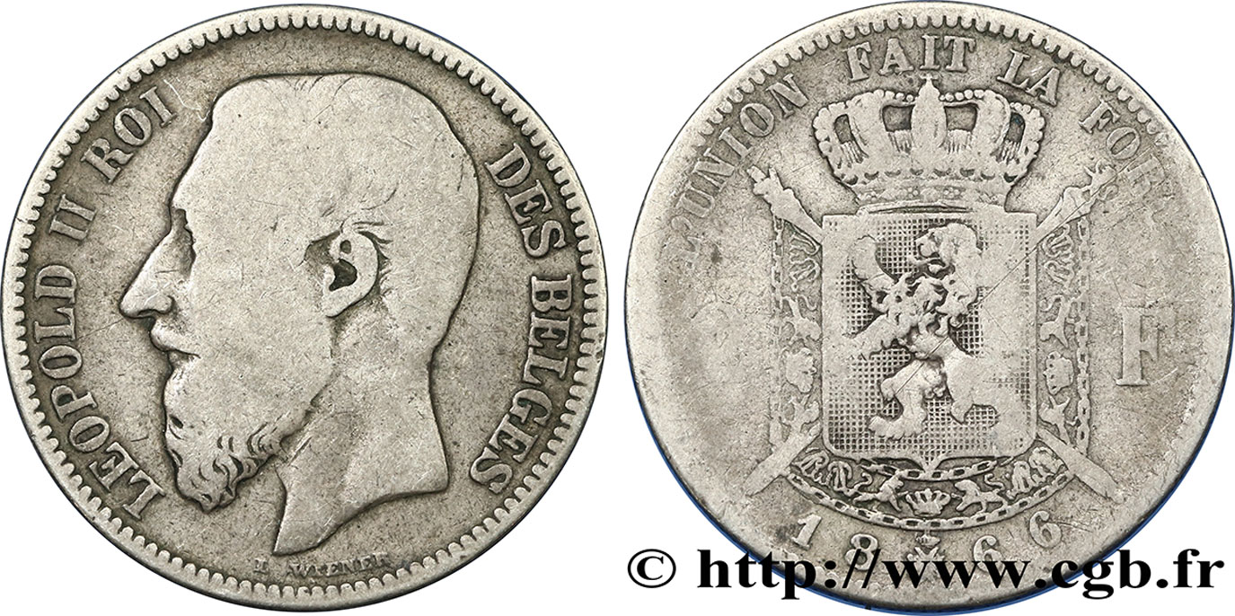BELGIQUE 2 Francs Léopold II légende française 1866  B+
 
