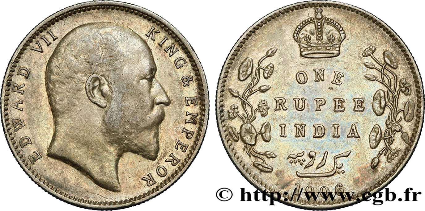 BRITISH INDIA 1 Roupie Edouard VII 1906 Calcutta AU 