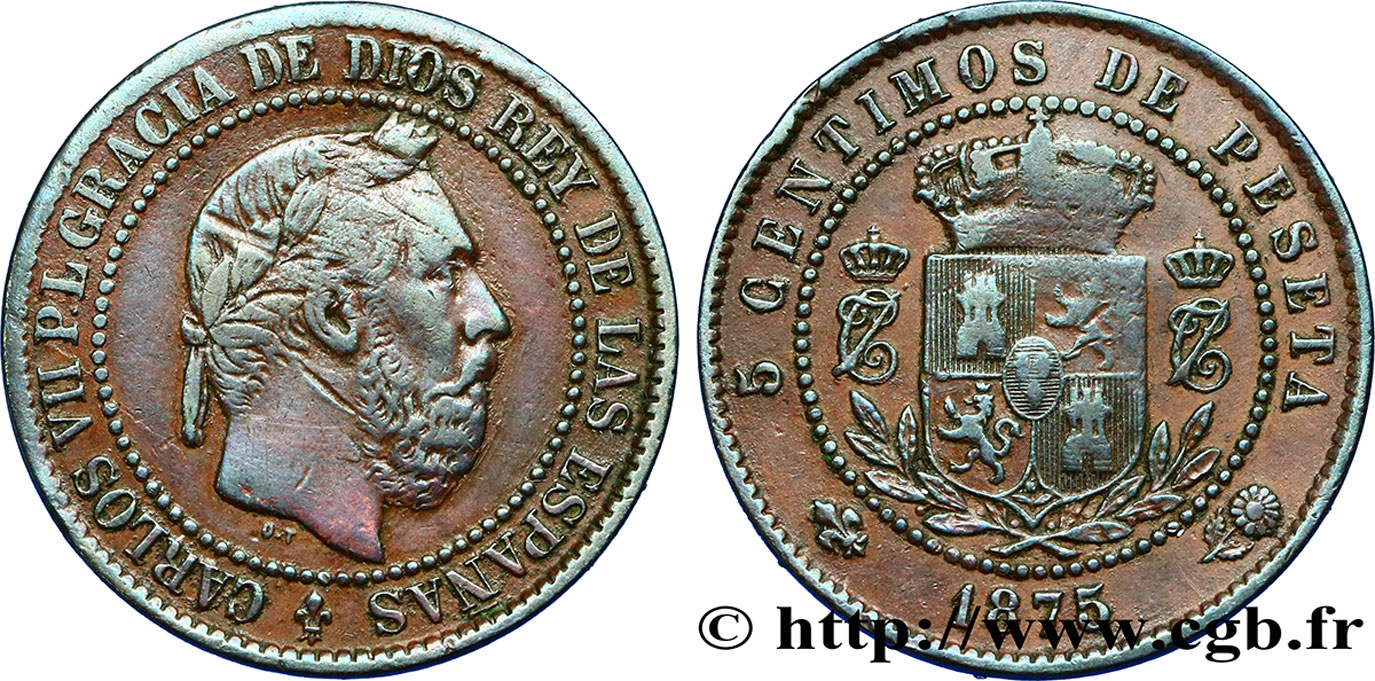 SPAIN 5 Centimos Charles VII (Charles de Bourbon, prétendant carliste) 1875 Oñate VF 