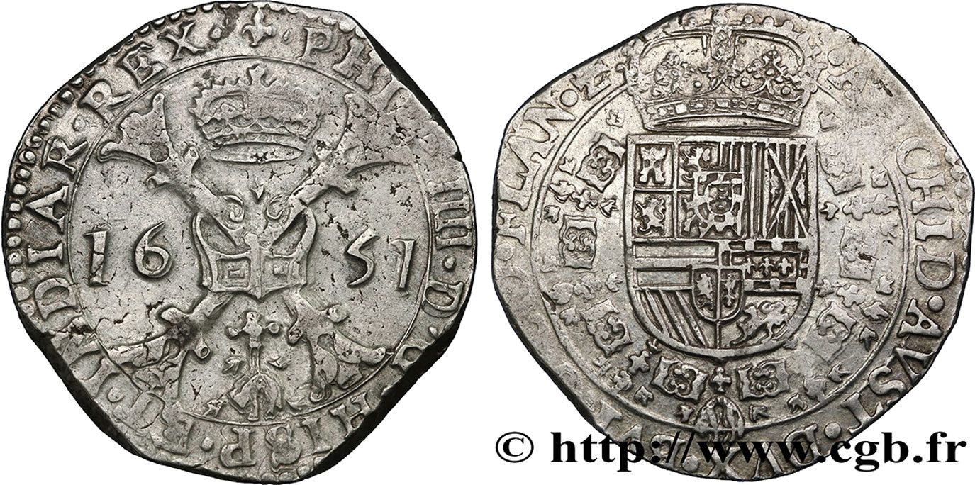 SPANISH NETHERLANDS - COUNTY OF FLANDERS - PHILIP IV Patagon 1651 Bruges XF 