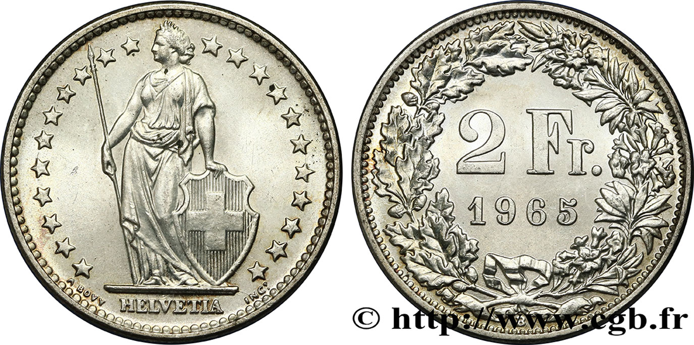 SWITZERLAND 2 Francs Helvetia 1965 Berne MS 