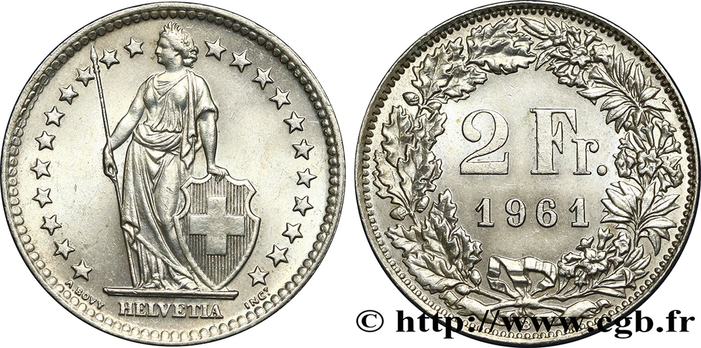 SUISSE 2 Francs Helvetia 1961 Berne SPL 