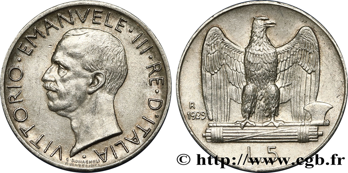 ITALIA 5 Lire Victor Emmanuel III 1929 Rome EBC 