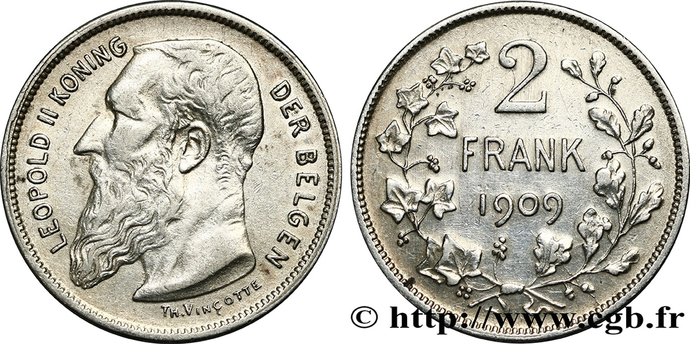 BELGIUM 2 Francs Léopold II légende française 1909  XF 