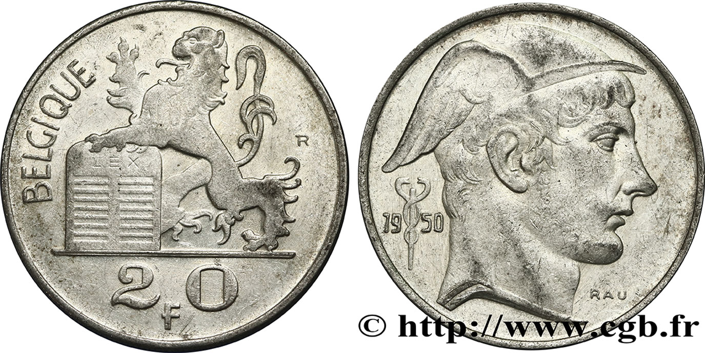 BELGIO 20 Francs Mercure, légende française 1950  SPL 