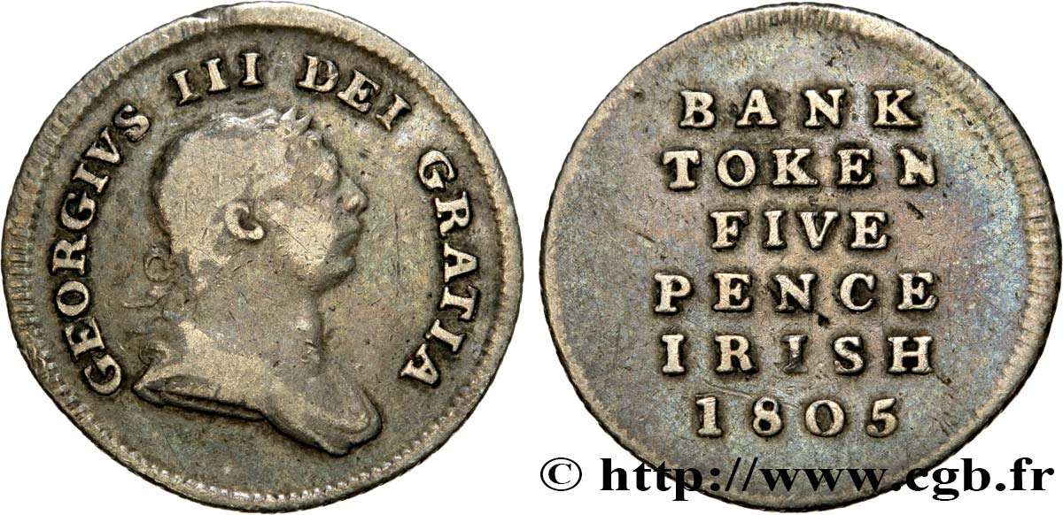 IRELAND REPUBLIC 5 Pence Bank Token Georges III 1805  VF 