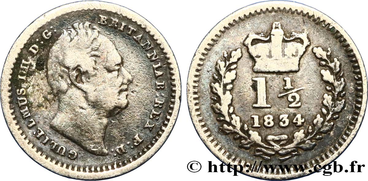 VEREINIGTEN KÖNIGREICH 1 1/2 Pence Guillaume IV 1834  fSS 