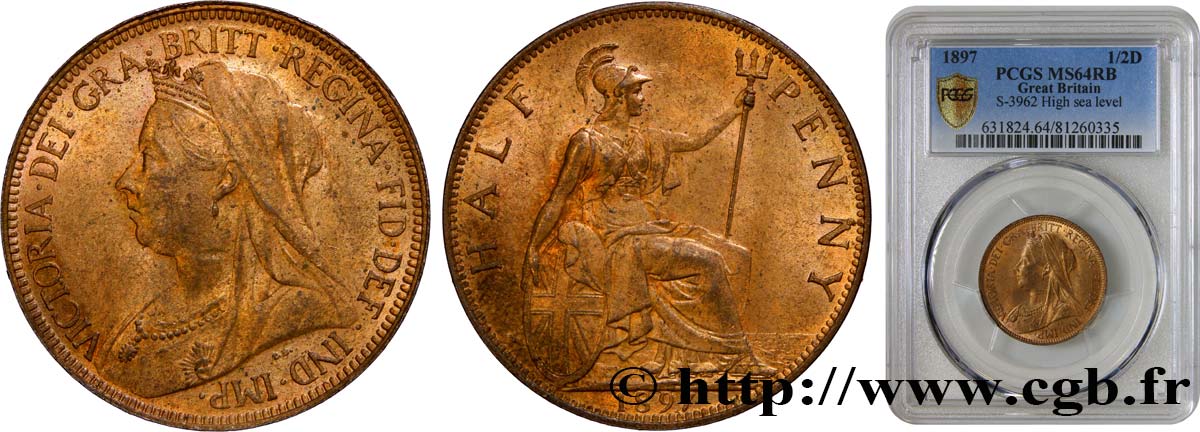 GRAN BRETAGNA - VICTORIA 1/2 Penny Victoria “old head” 1897  MS64 PCGS