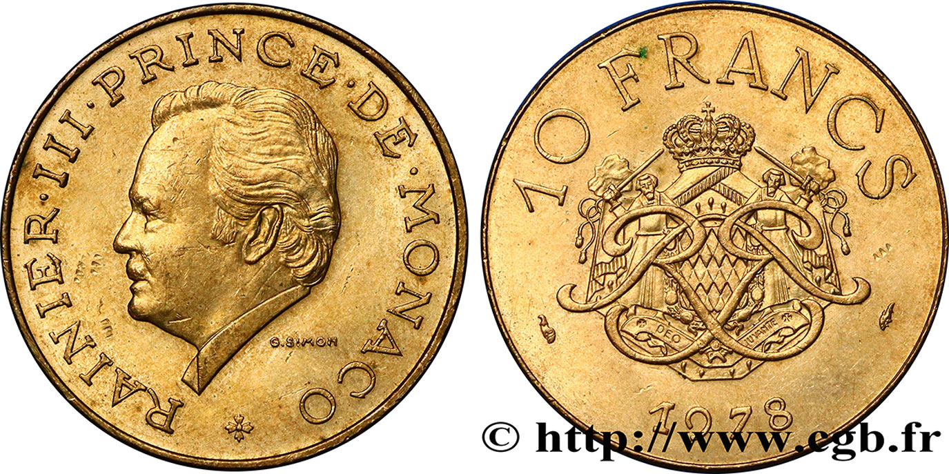 MONACO 10 Francs Rainier III / écu et monogramme couronnés 1978 Paris AU 