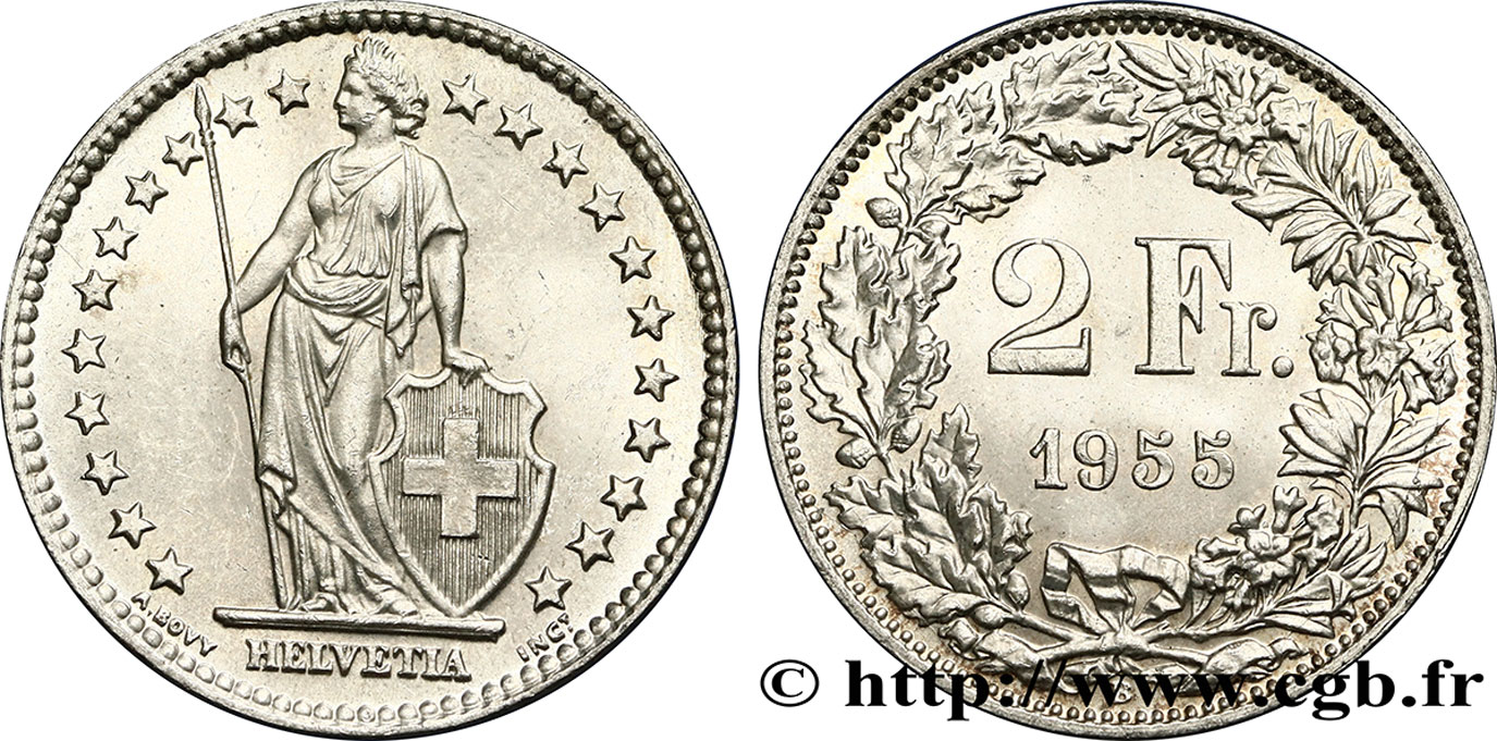 SUISSE 2 Francs Helvetia 1955 Berne Fwo_394611 Monde