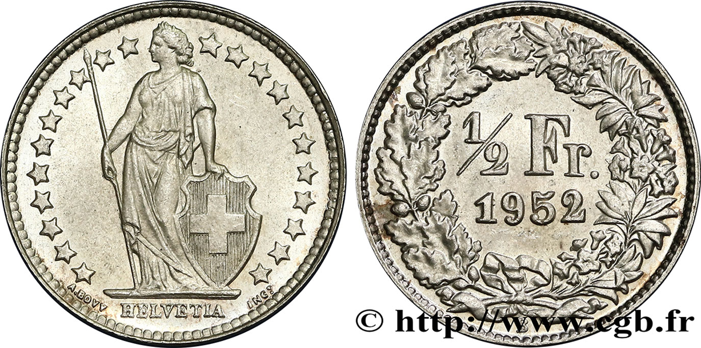 SUISSE 1/2 Franc Helvetia 1952 Berne SPL 