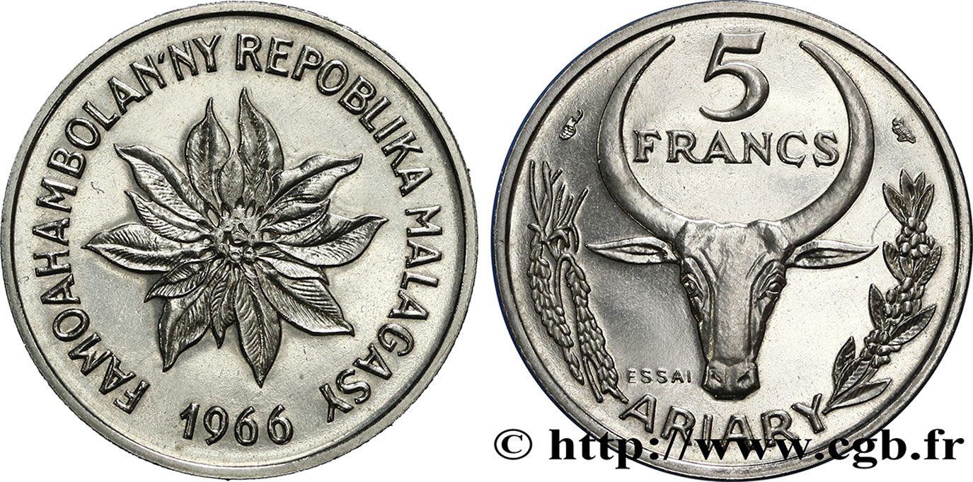 MADAGASKAR Essai 5 Francs - 1 Ariary buffle / fleur 1966 Paris fST 