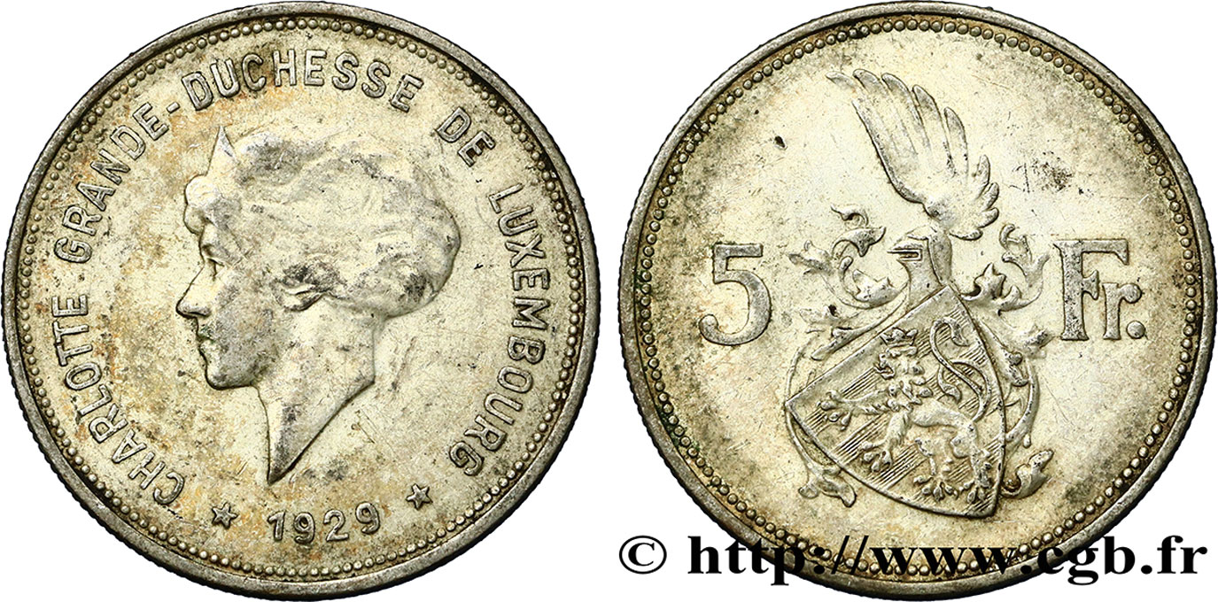 LUXEMBOURG 5 Francs Grande-Duchesse Charlotte 1929  VF 