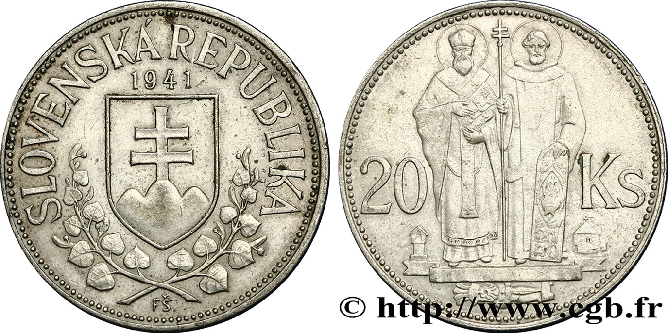 SLOWAKEI 20 Korun St Cyril et St Méthode variété avec croix à simple barre 1941  fVZ 