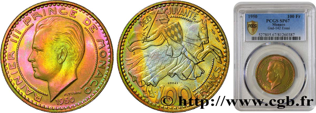 MONACO Essai de 100 Francs prince Rainier III 1950 Paris MS67 PCGS