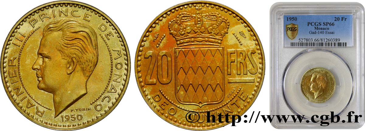 MONACO Essai de 20 Francs prince Rainier III 1950 Paris FDC66 PCGS