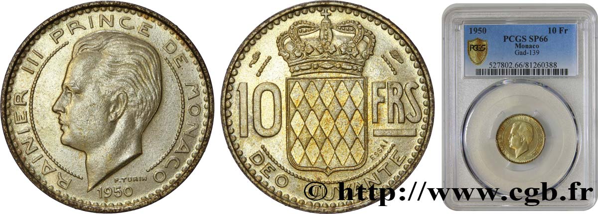 MONACO Essai de 10 Francs prince Rainier III 1950 Paris MS66 PCGS