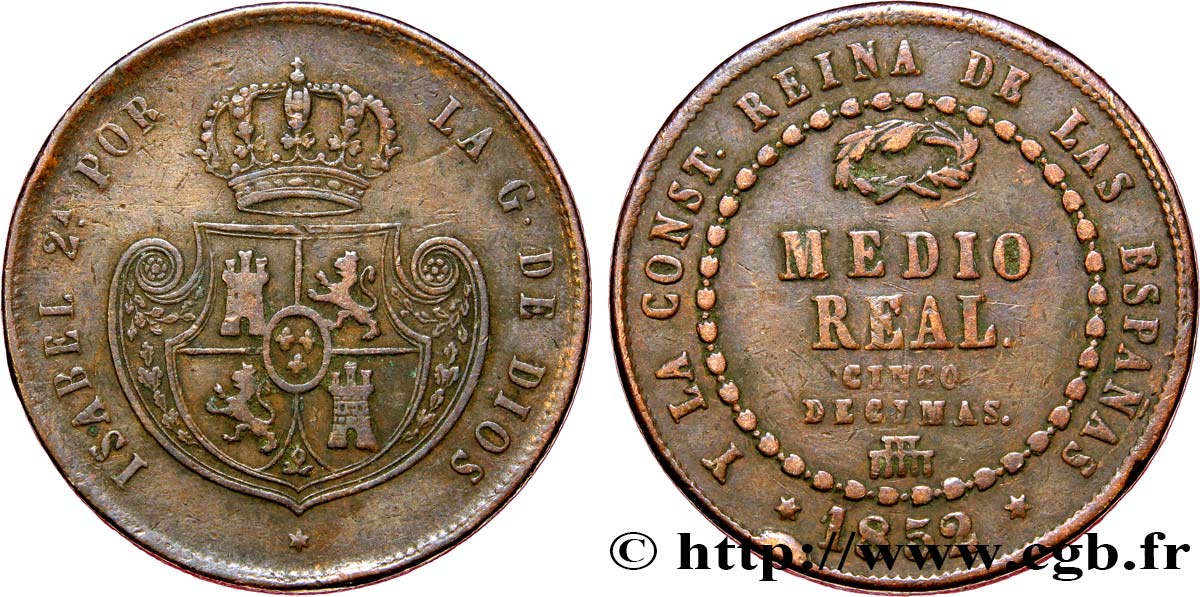 ESPAÑA 1/2 Real (Cinco Decima de Real) Isabelle II  1852 Ségovie BC+ 