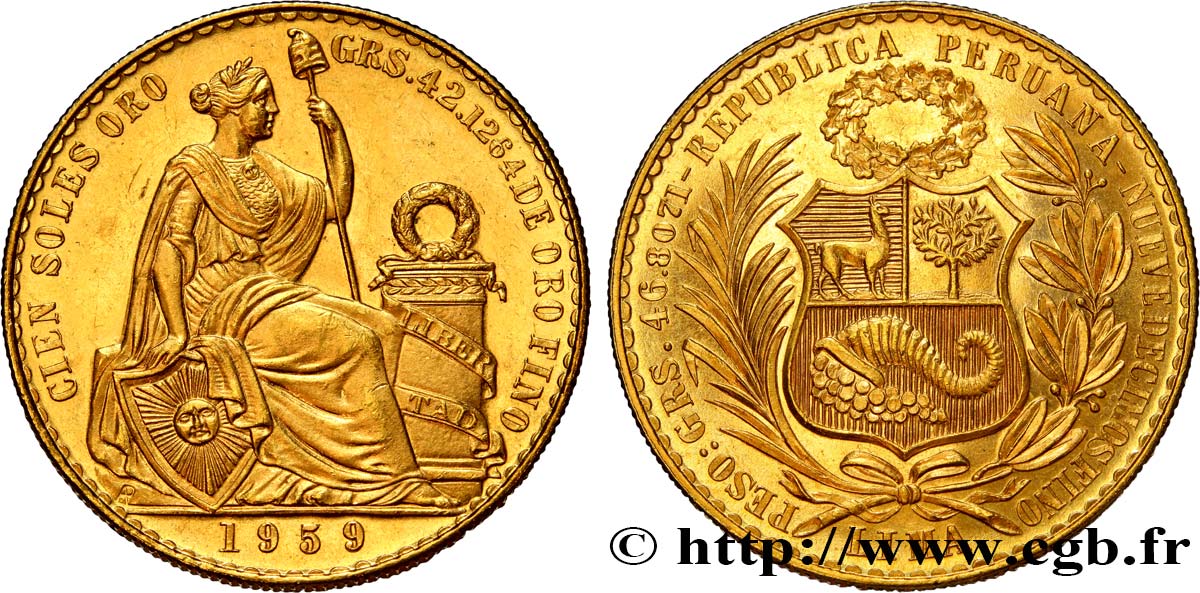 PÉROU 100 Soles de Oro 1959 Lima SPL 