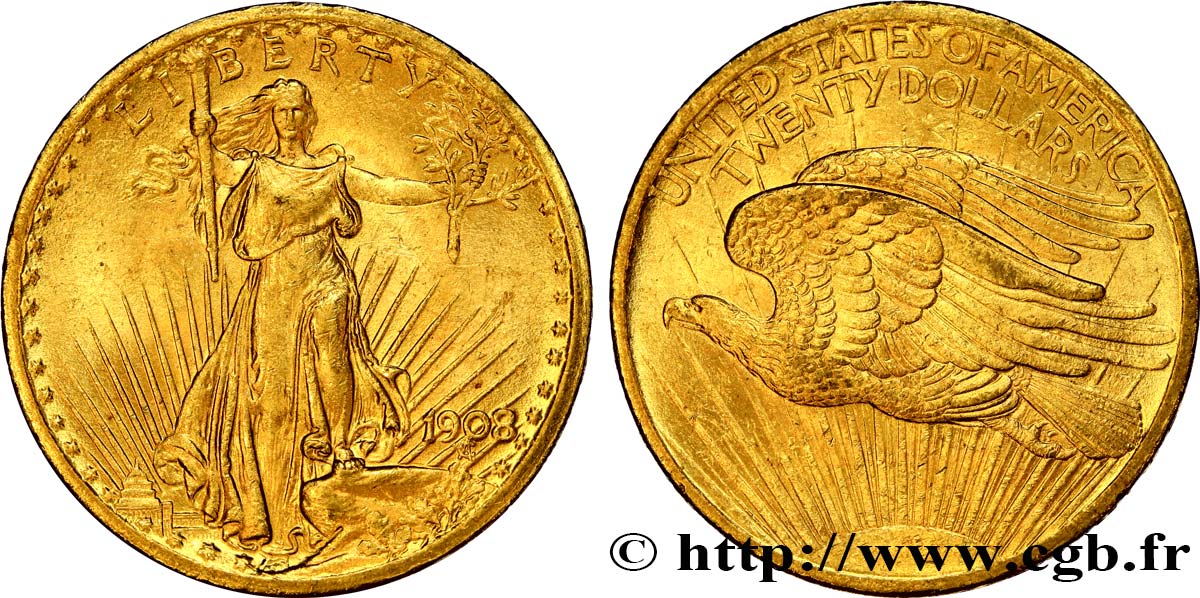 UNITED STATES OF AMERICA 20 Dollars or  Liberty  1908 Philadelphie AU 