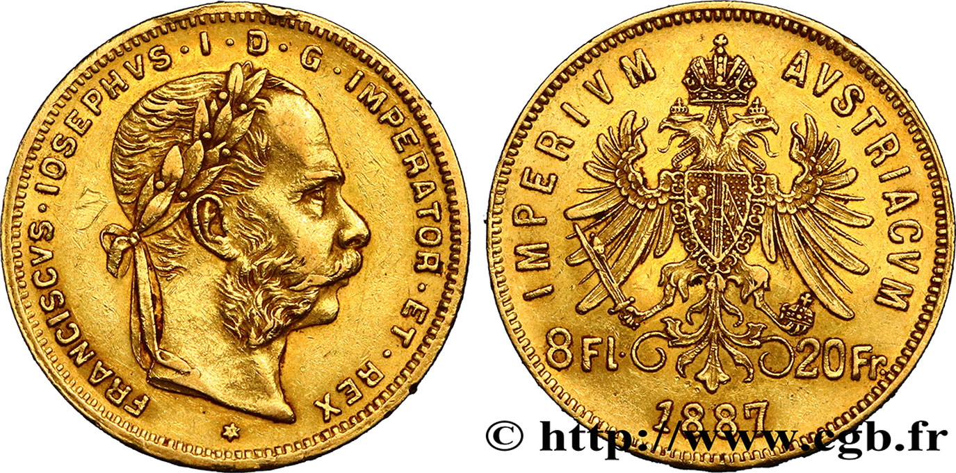 AUTRICHE 8 Florins ou 20 Francs François-Joseph Ier 1887 Vienne TTB+ 