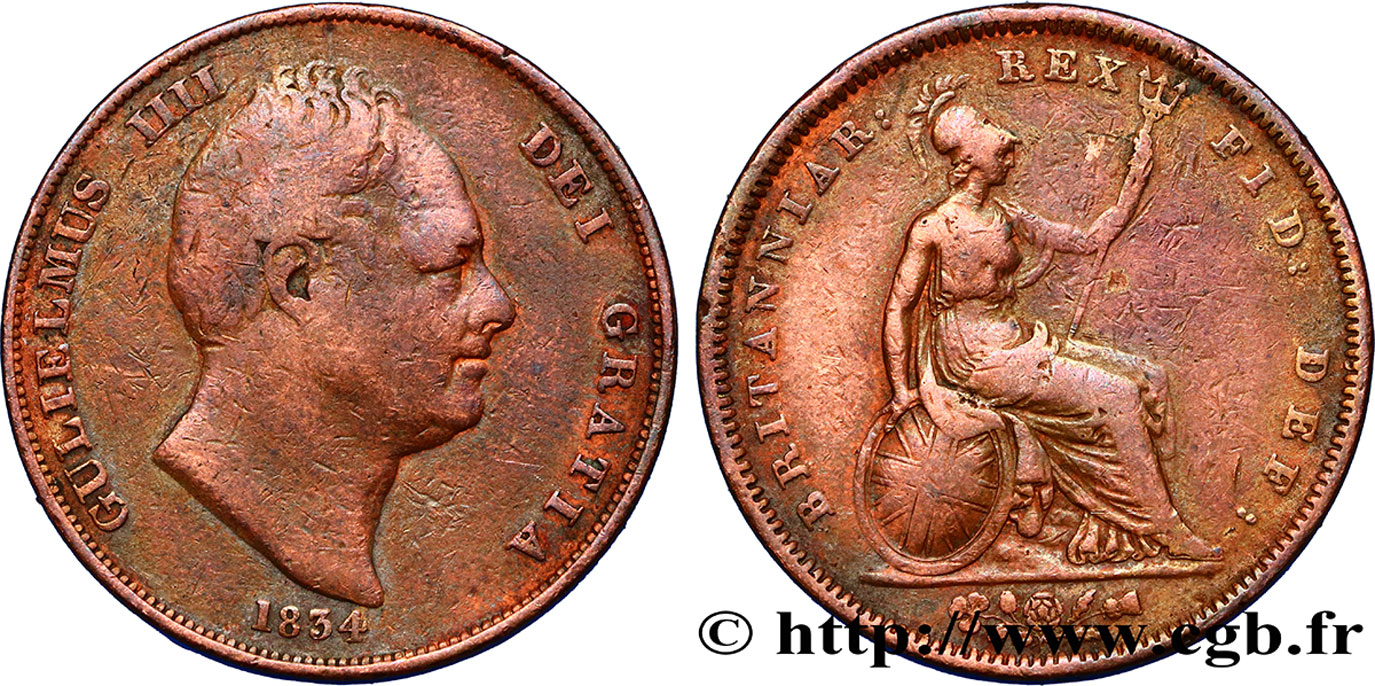 UNITED KINGDOM 1/2 Penny Guillaume IV 1834  VF 