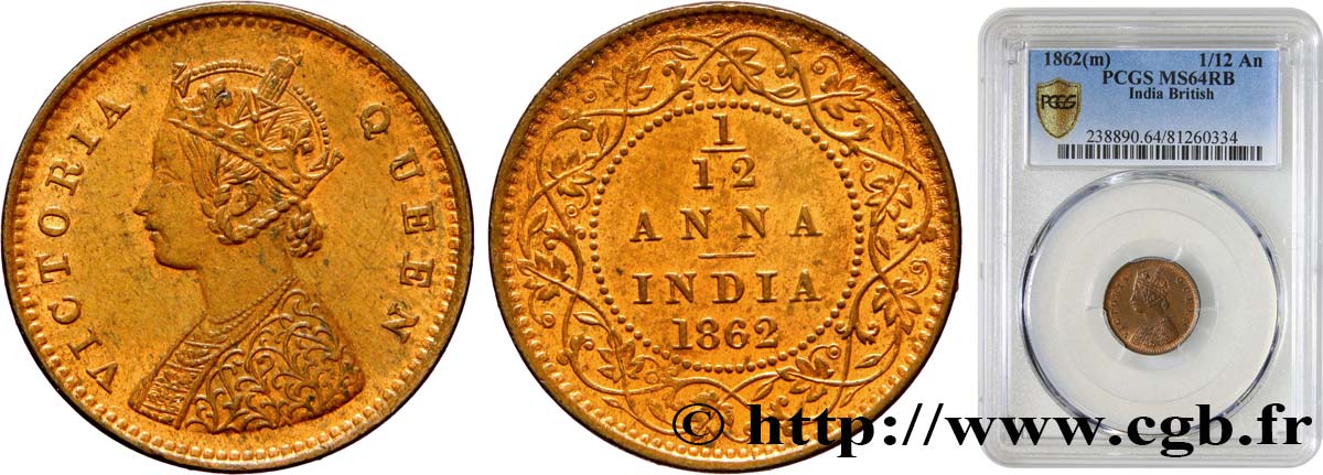 BRITISH INDIA 1/12 Anna Victoria 1862  MS64 PCGS