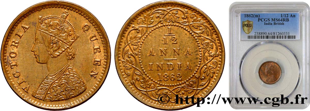 BRITISH INDIA 1/12 Anna Victoria 1862  MS 