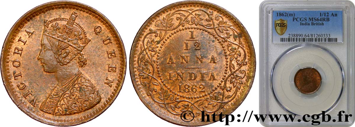 INDIA BRITANNICA 1/12 Anna Victoria 1862  MS64 PCGS