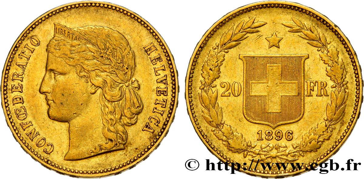 SCHWEIZ 20 Francs or Helvetia 1896 Berne SS 