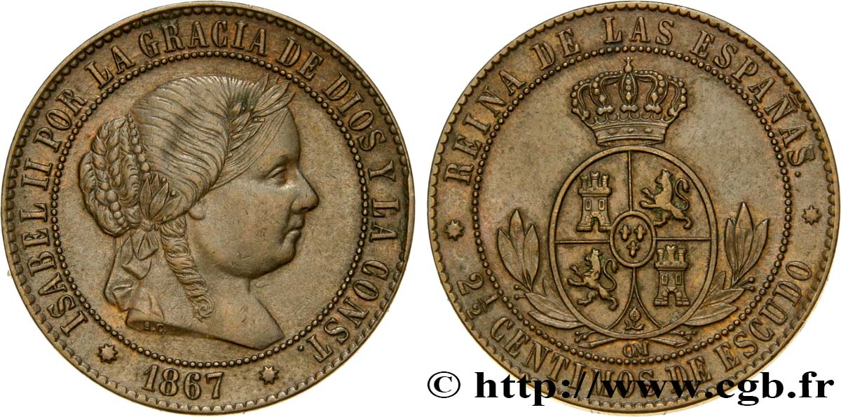 SPANIEN 2 1/2 Centimos de Escudo Isabelle II 1867 Oeschger Mesdach & CO VZ 