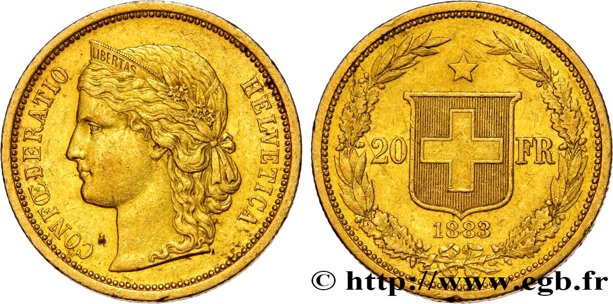 SUIZA 20 Francs buste diadémé d Helvetia 1883 Berne MBC 