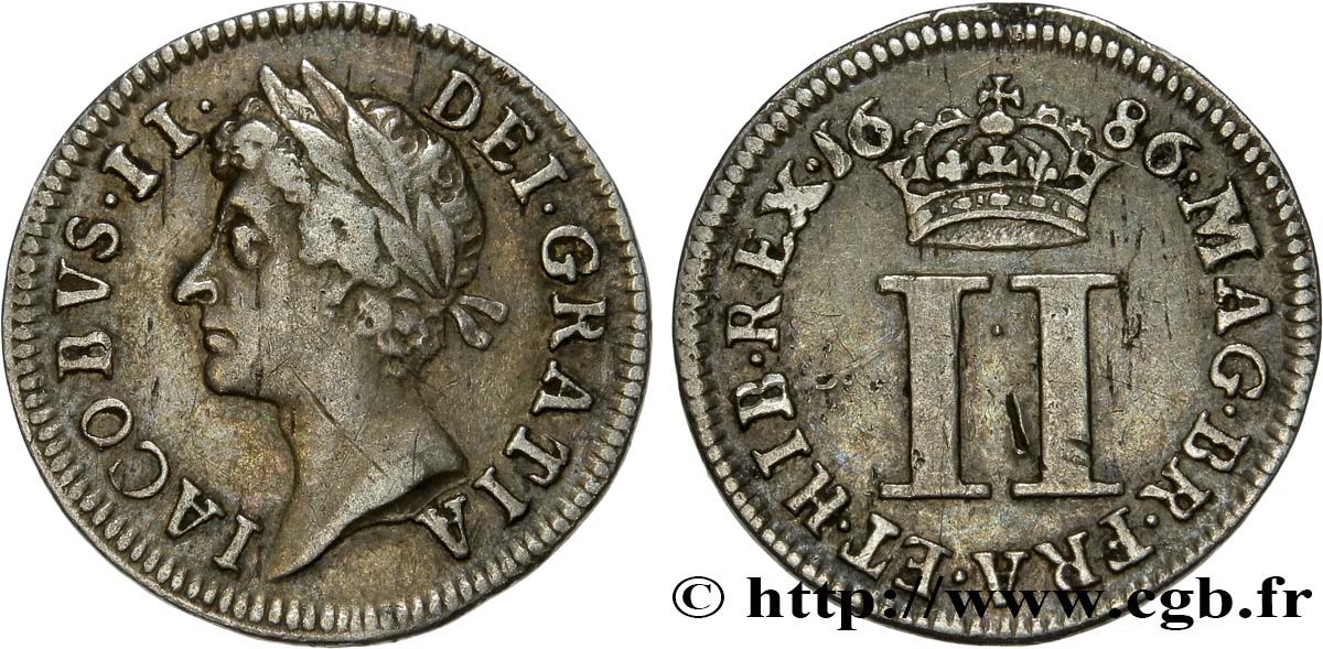 VEREINIGTEN KÖNIGREICH 2 Pence Jacques II Stuart 1686  SS 