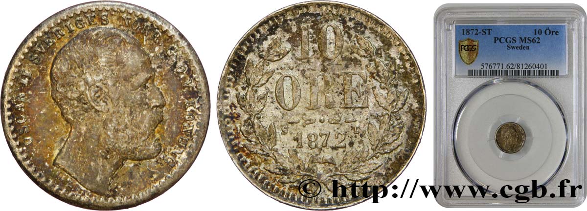 SWEDEN 10 Ore Oscar II 1872  MS62 PCGS