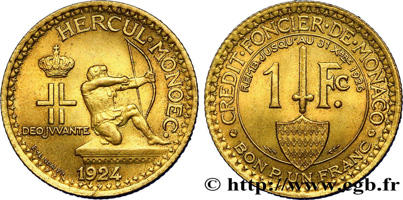 MONACO - PRINCIPALITY OF MONACO - LOUIS II 1 Franc émission du Crédit Foncier de Monaco 1924 Poissy MS 