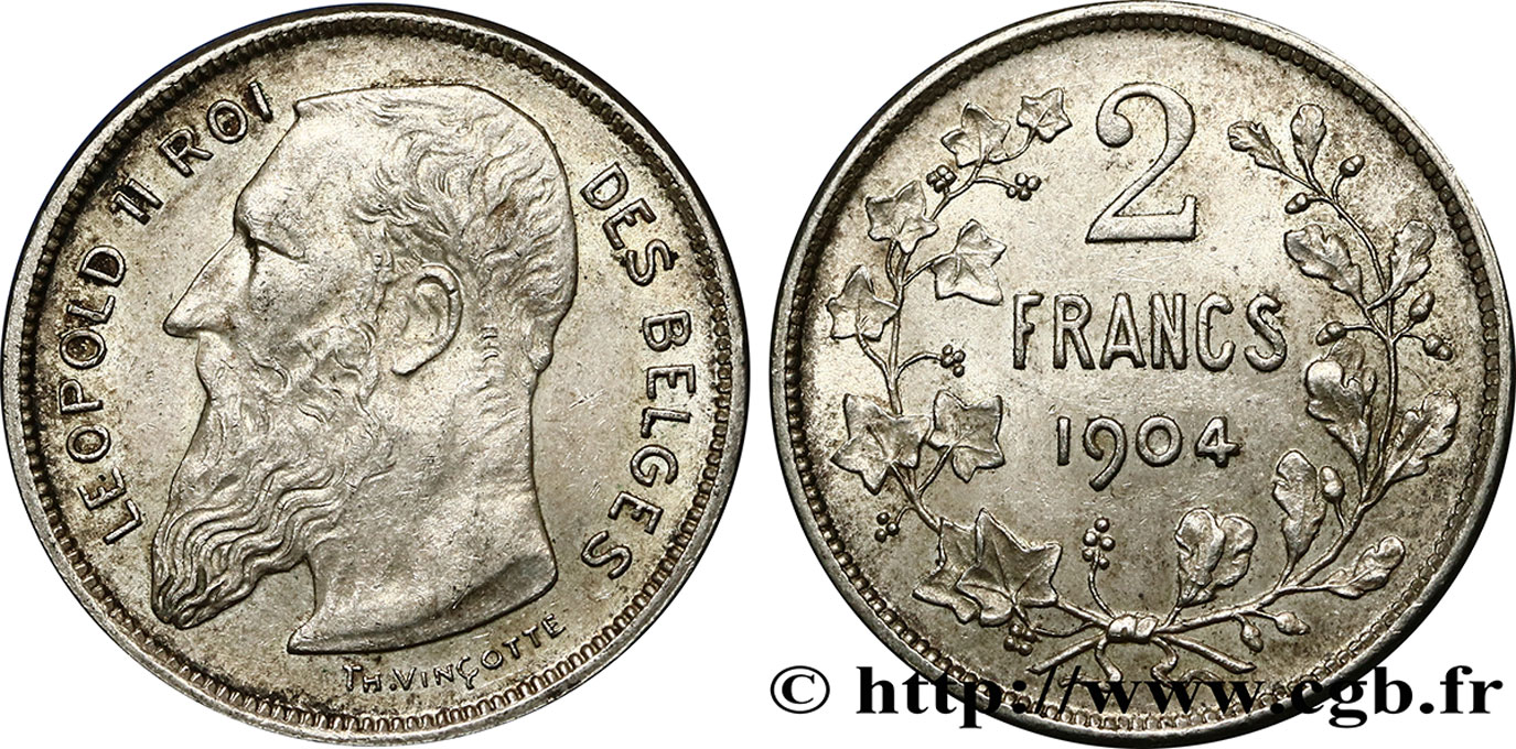 BELGIQUE - ROYAUME DE BELGIQUE - LÉOPOLD II 2 Francs légende française 1904  AU 