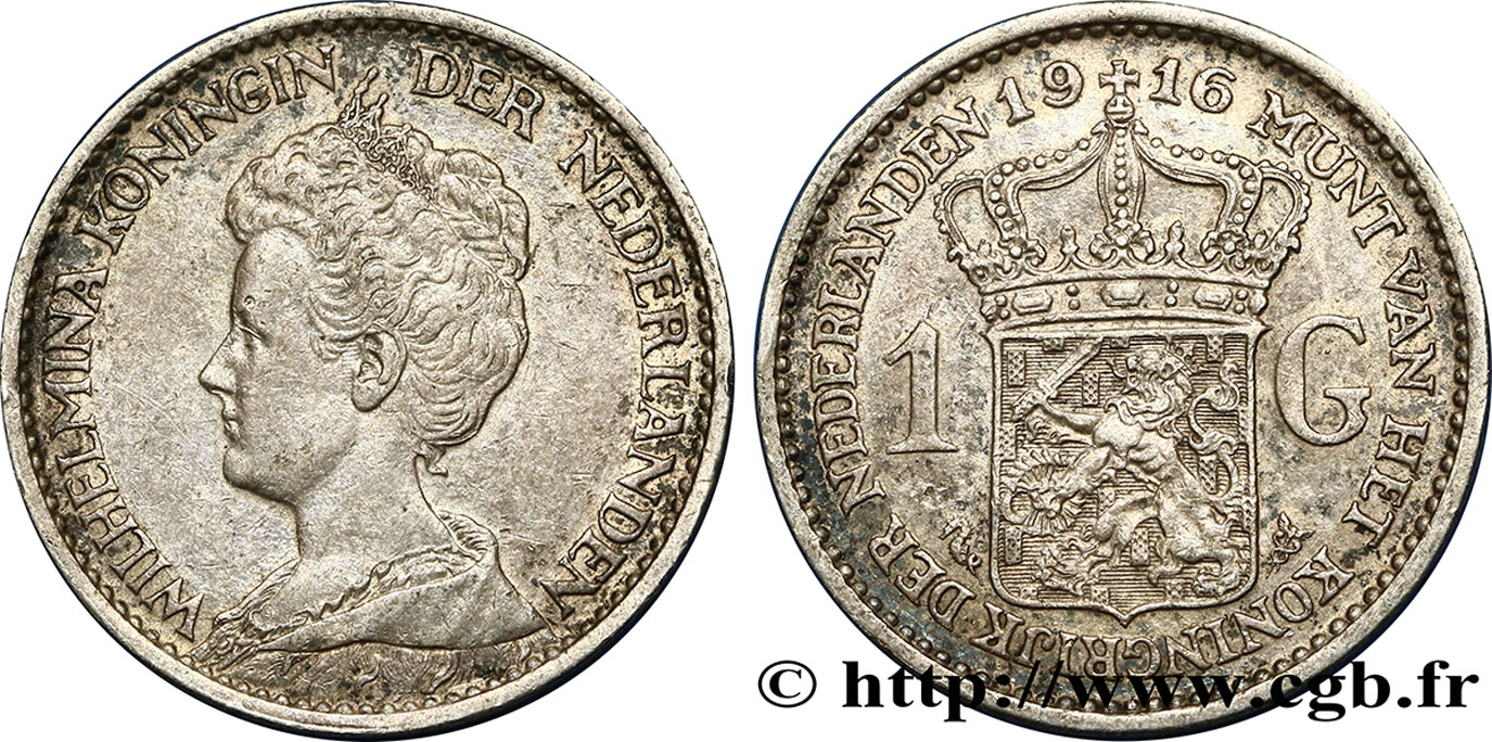 NETHERLANDS - KINGDOM OF THE NETHERLANDS - WILHELMINA 1 Gulden 1916  XF 