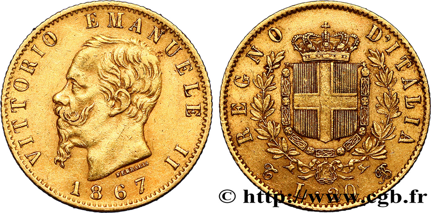 ITALY 20 Lire Victor Emmanuel II  1867 Turin AU 