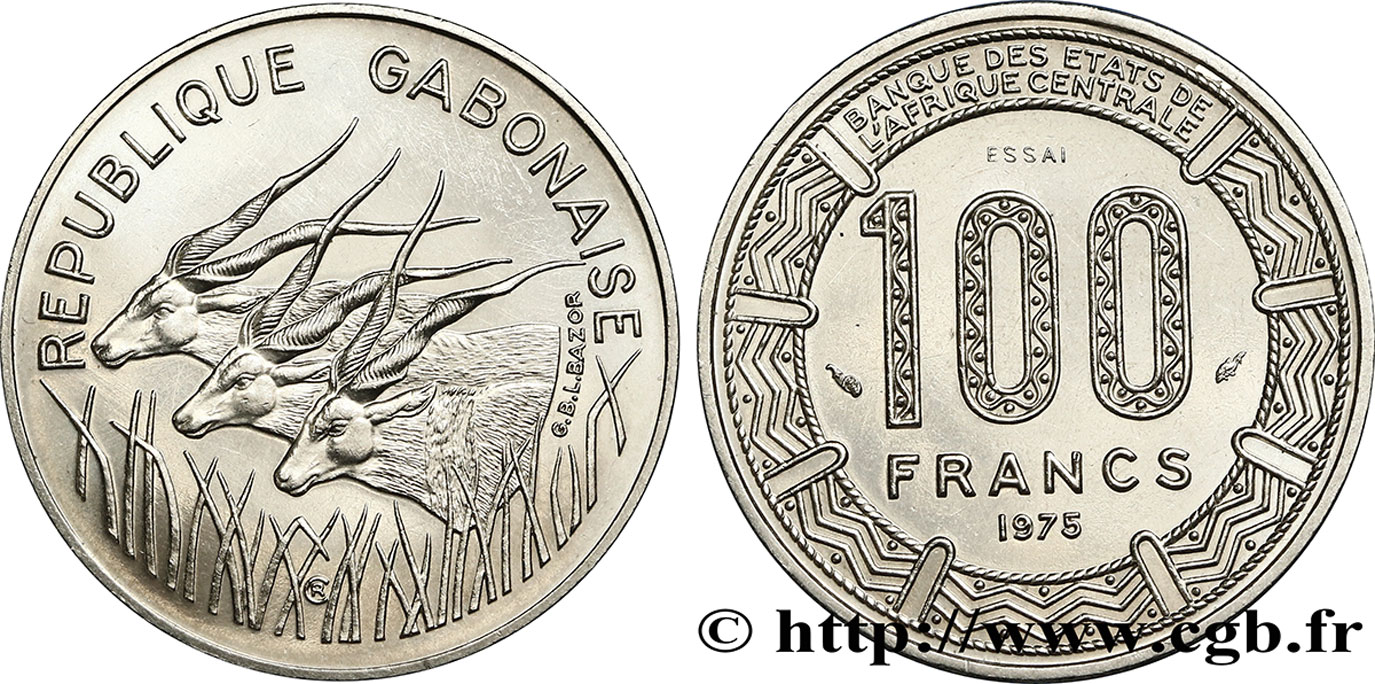 GABON Essai de 100 Francs antilopes type “BEAC” 1975 Paris SPL 