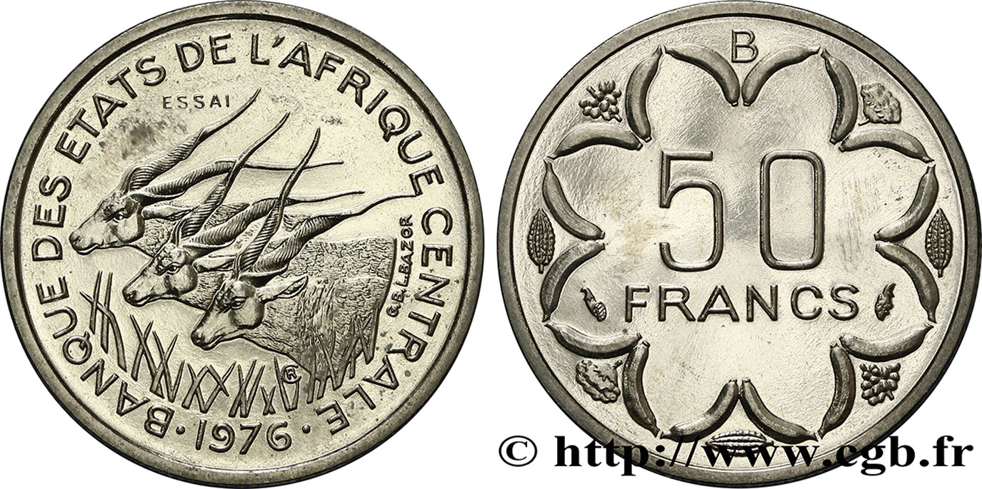 ÉTATS DE L AFRIQUE CENTRALE Essai de 50 Francs antilopes lettre ‘B’ République Centrafricaine 1976 Paris SPL 